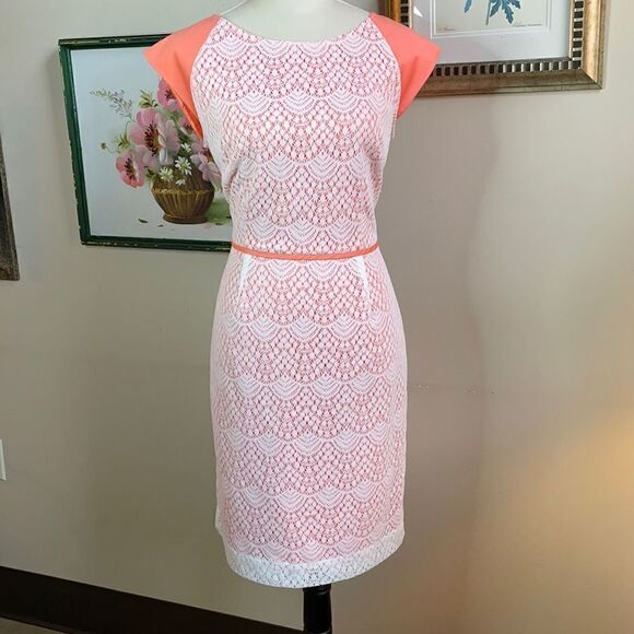 Alex Marie Peach Dress with White Lace Overlay, Cap Sleeves (Size: 8) - Picture 8 of 15